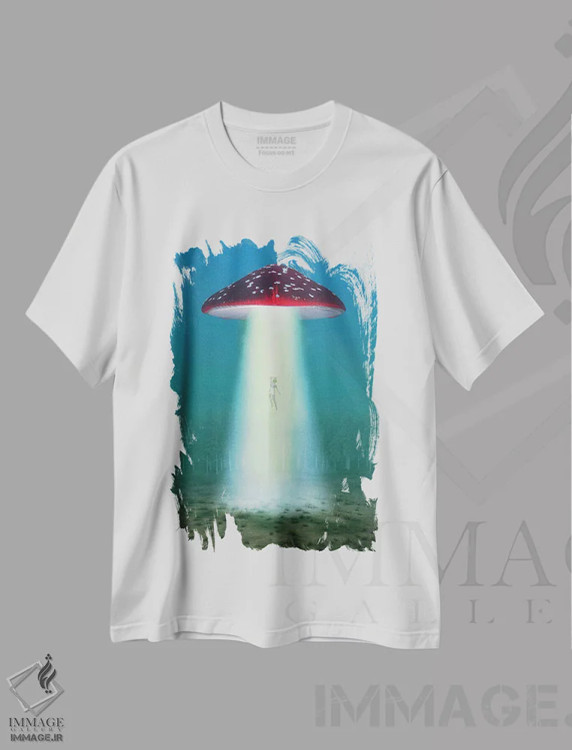 تیشرت سفید طرح دار – تیشرت فانتزی ,قارچ توهم زا پرنده در شب زنی را می رباید اثر مایک کیف immage.ir