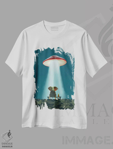 تیشرت سفید طرح دار – تیشرت طنز ,فیل و سگ به قارچ پرنده نگاه می کنند اثر مایک کیف فروشگاه ایماژ
