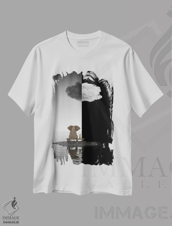 تیشرت سفید طرح دار – تیشرت هنری ,فیل و سگ روی جزیره نشسته اند اثر مایک کیف immage.ir