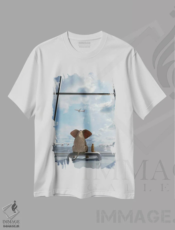 تیشرت سفید طرح دار – تیشرت هنری ,فیل و سگ کنار پنجره در فرودگاه نشسته اند اثر مایک کیف فروشگاه ایماژ