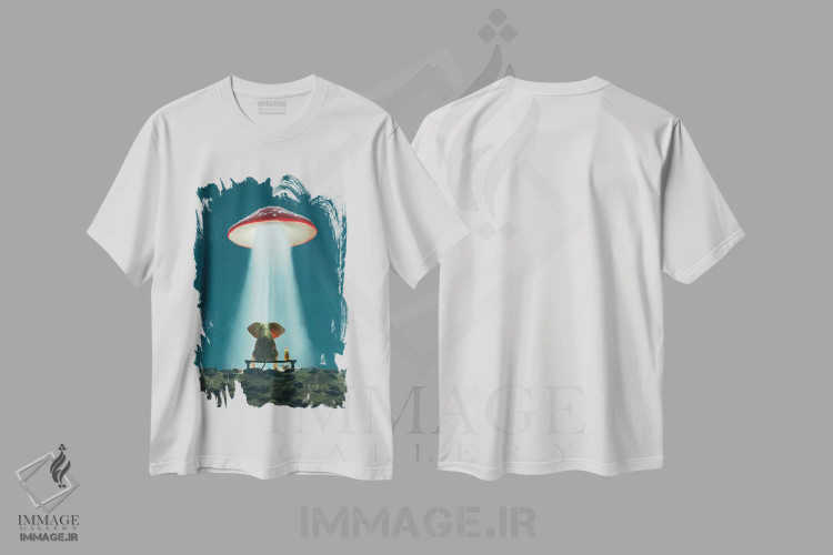 تیشرت سفید طرح دار – تیشرت طنز ,فیل و سگ به قارچ پرنده نگاه می کنند اثر مایک کیف فروشگاه ایماژ