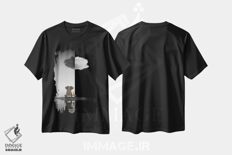 تیشرت مشکی طرح دار – تیشرت هنری ,فیل و سگ روی جزیره نشسته اند اثر مایک کیف فروشگاه ایماژ
