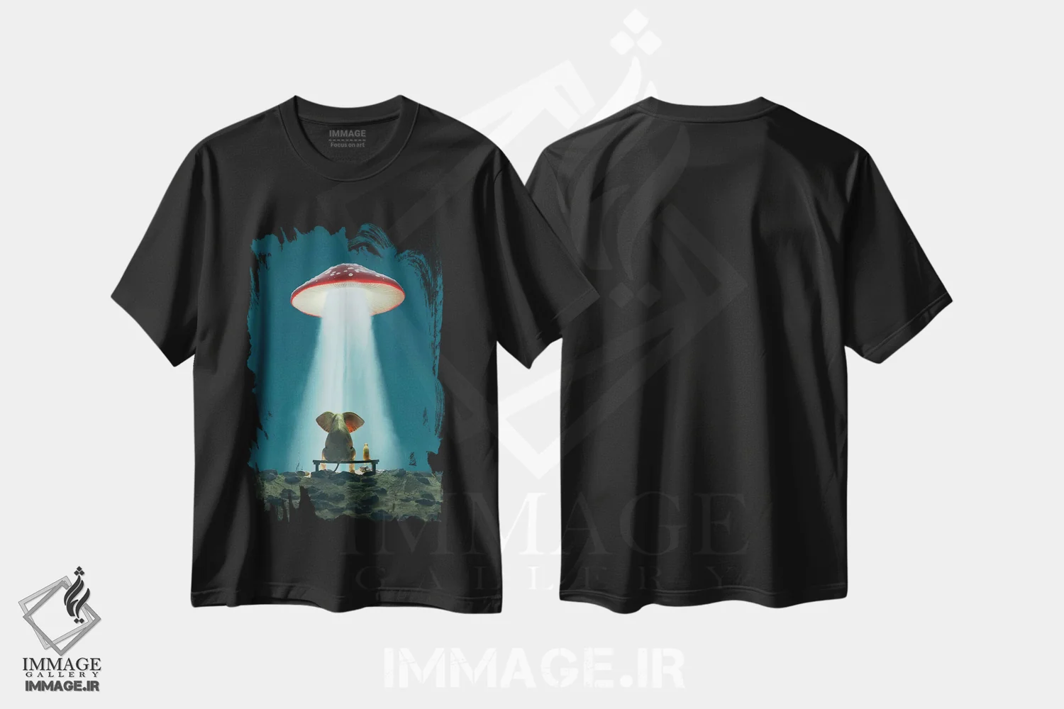 تیشرت مشکی طرح دار – تیشرت طنز ,فیل و سگ به قارچ پرنده نگاه می کنند اثر مایک کیف immage.ir