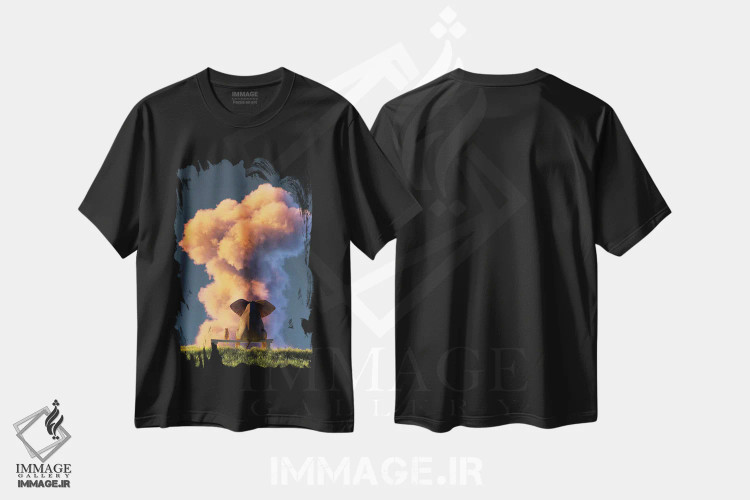 تیشرت مشکی طرح دار – تیشرت فانتزی ,فیل و سگ به ابر بزرگ صورتی نگاه می کنند اثر مایک کیف فروشگاه ایماژ