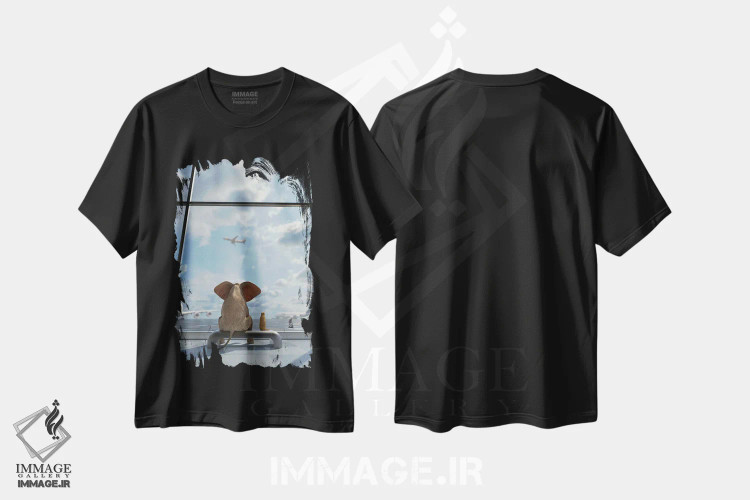 تیشرت مشکی طرح دار – تیشرت هنری ,فیل و سگ کنار پنجره در فرودگاه نشسته اند اثر مایک کیف immage.ir