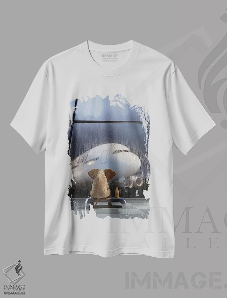 تیشرت سفید طرح دار – تیشرت هنری ,فیل و سگ در فرودگاه منتظر پایان طوفان رعدوبرق هستند اثر مایک کیف فروشگاه ایماژ