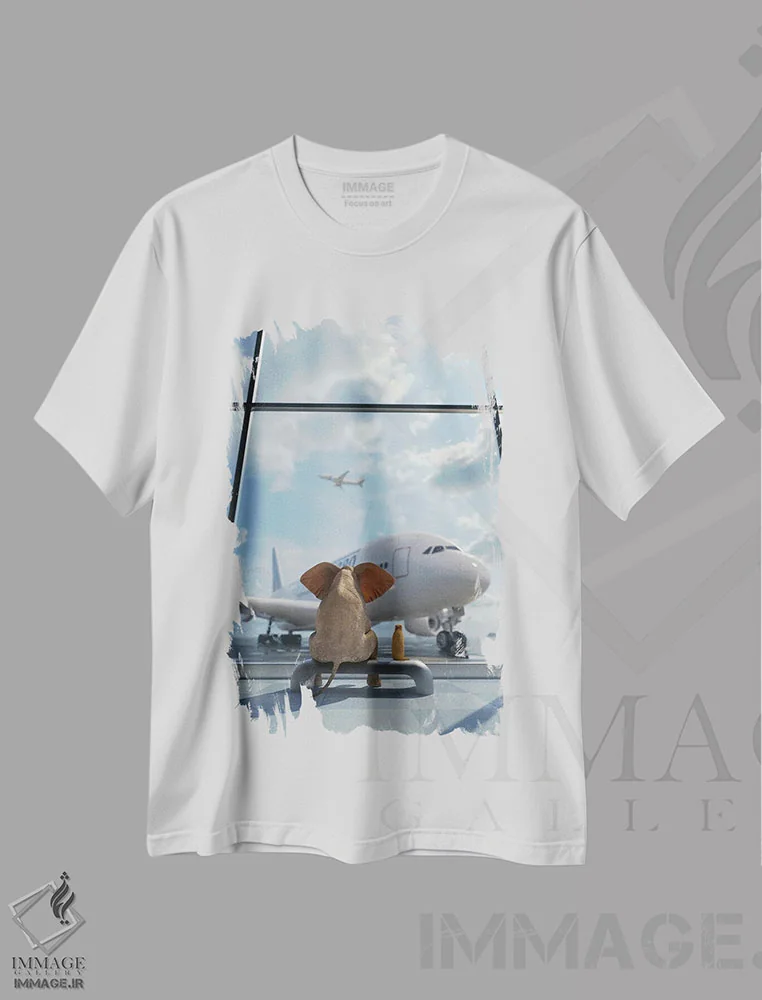 تیشرت سفید طرح دار – تیشرت هنری ,فیل و سگ کنار پنجره در فرودگاه نشسته اند اثر مایک کیف immage.ir