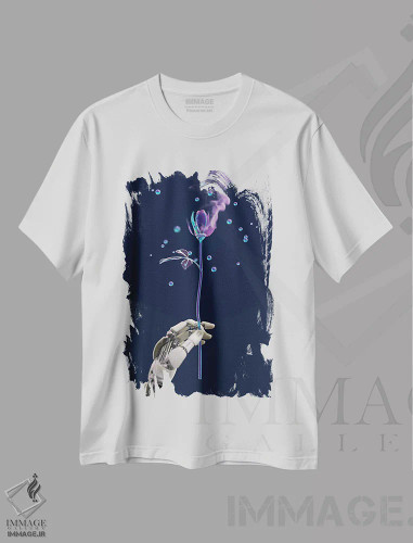 تیشرت سفید طرح دار – تیشرت هنری ,دست ربات گل مصنوعی را نگه داشته است اثر مایک کیف فروشگاه ایماژ