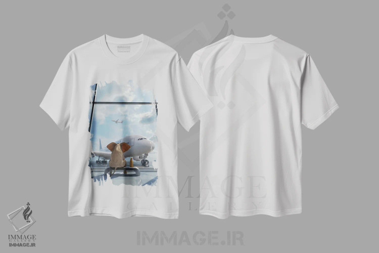 تیشرت سفید طرح دار – تیشرت هنری ,فیل و سگ کنار پنجره در فرودگاه نشسته اند اثر مایک کیف immage.ir