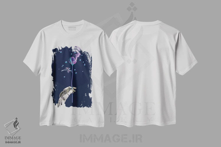 تیشرت سفید طرح دار – تیشرت هنری ,دست ربات گل مصنوعی را نگه داشته است اثر مایک کیف فروشگاه ایماژ