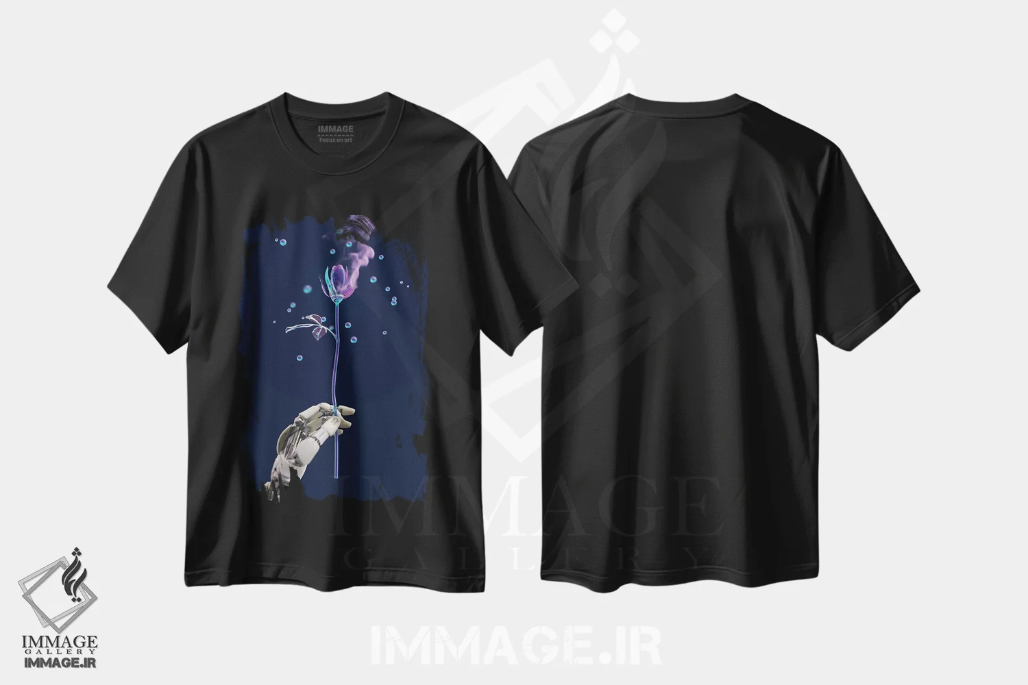 تیشرت مشکی طرح دار – تیشرت هنری ,دست ربات گل مصنوعی را نگه داشته است اثر مایک کیف immage.ir