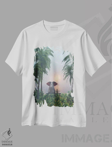 تیشرت سفید طرح دار – تیشرت طبیعت ,فیل و سگ در جنگل بارانی نشسته اند اثر مایک کیف فروشگاه ایماژ