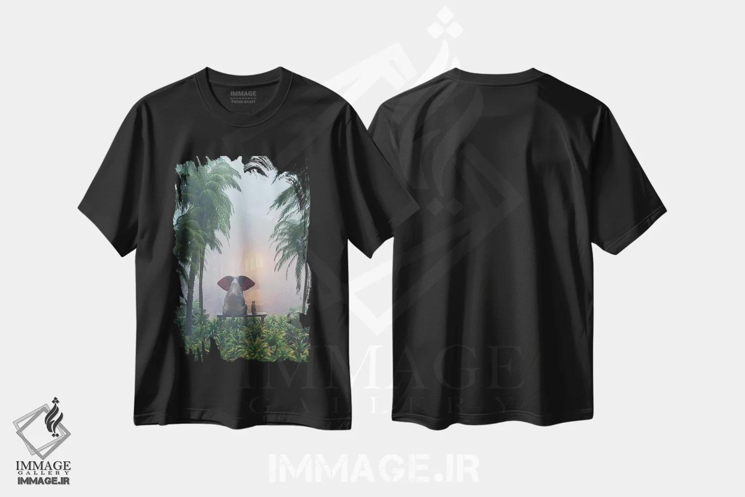 تیشرت مشکی طرح دار – تیشرت طبیعت ,فیل و سگ در جنگل بارانی نشسته اند اثر مایک کیف immage.ir