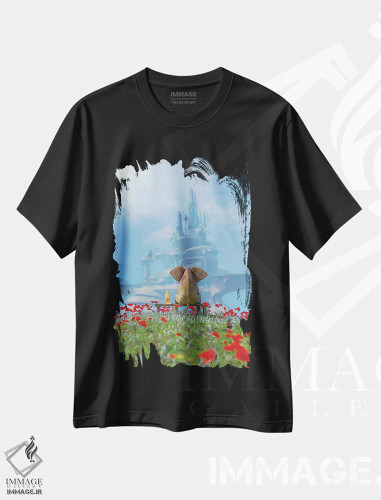 تیشرت مشکی طرح دار – تیشرت حیوانات ,فیل و سگ به شهر آرمانی نگاه می کنند اثر مایک کیف فروشگاه ایماژ