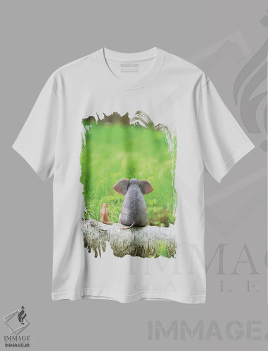 تیشرت سفید طرح دار – تیشرت طبیعت ,فیل و سگ روی چمنزار سبز نشسته اند اثر مایک کیف فروشگاه ایماژ