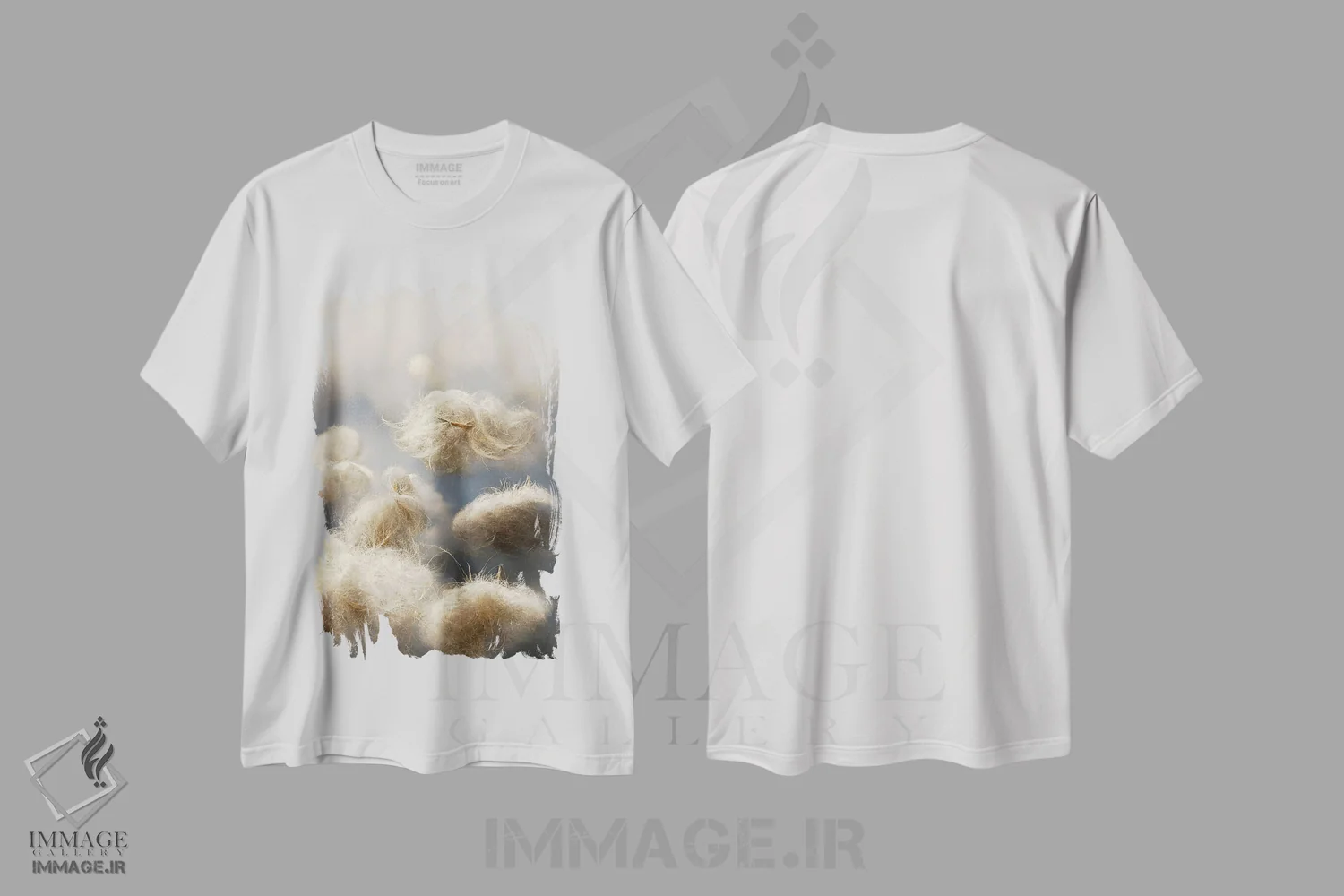 تیشرت سفید طرح دار – تیشرت طبیعت ,گل های پنبه ای روی مزرعه بادی اثر مایک کیف فروشگاه ایماژ