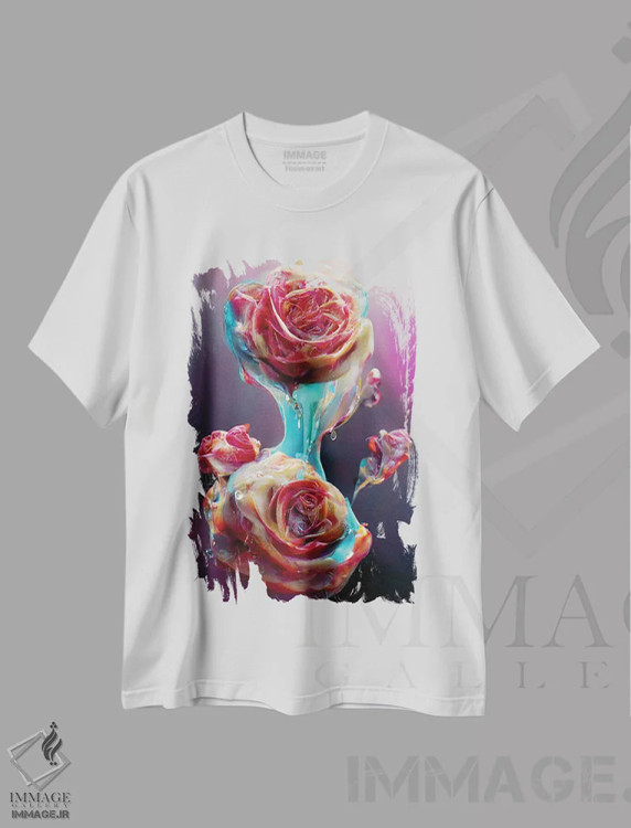 تیشرت سفید طرح دار – تیشرت گلدار ,رزهای قرمز پوشیده شده با شیره شیرین اثر مایک کیف فروشگاه ایماژ