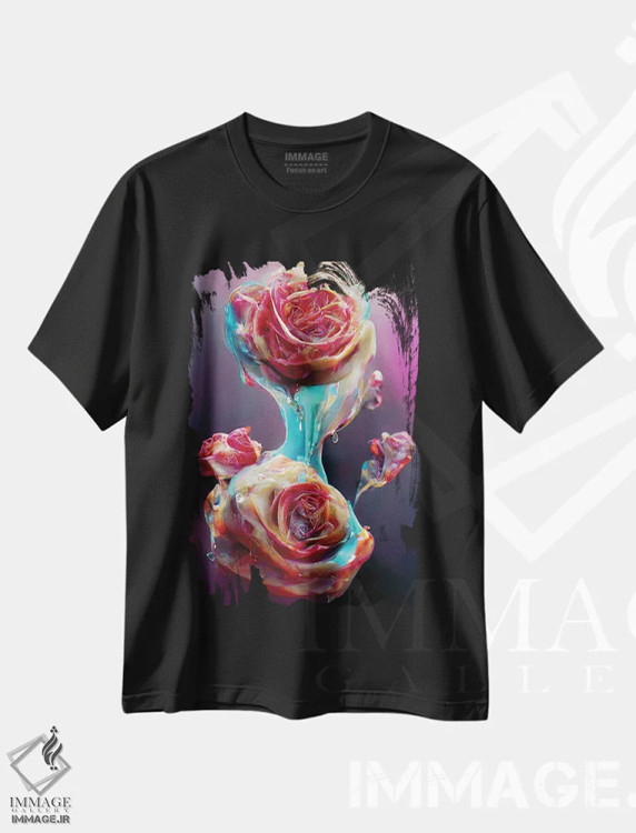 تیشرت مشکی طرح دار – تیشرت گلدار ,رزهای قرمز پوشیده شده با شیره شیرین اثر مایک کیف immage.ir