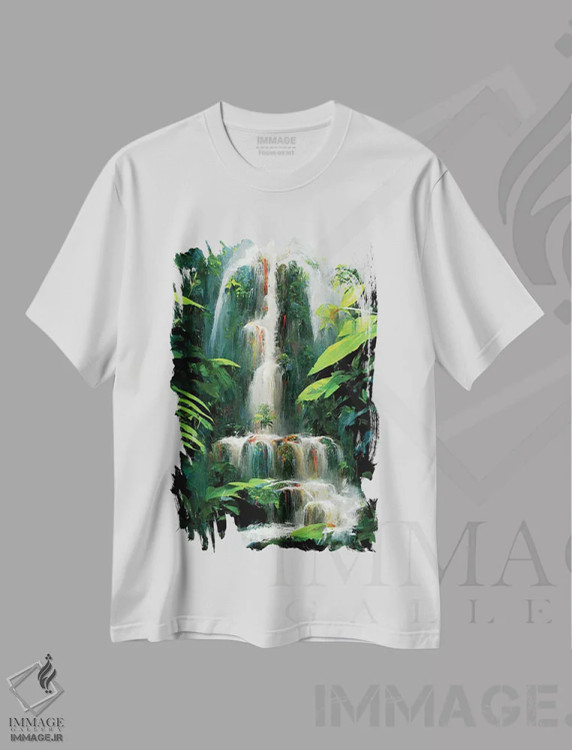 تیشرت سفید طرح دار – تیشرت طبیعت ,آبشار جنگلی اثر مایک کیف immage.ir