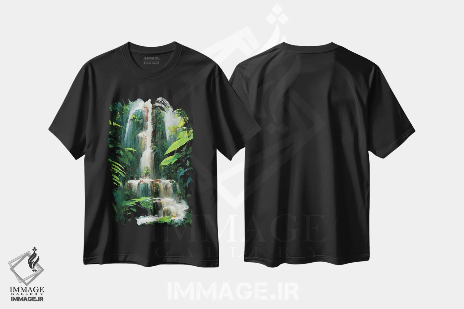 تیشرت مشکی طرح دار – تیشرت طبیعت ,آبشار جنگلی اثر مایک کیف فروشگاه ایماژ