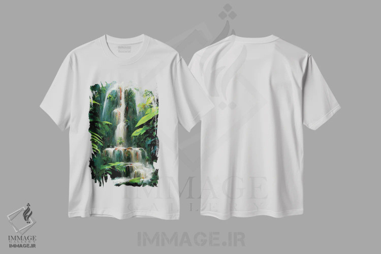 تیشرت سفید طرح دار – تیشرت طبیعت ,آبشار جنگلی اثر مایک کیف immage.ir