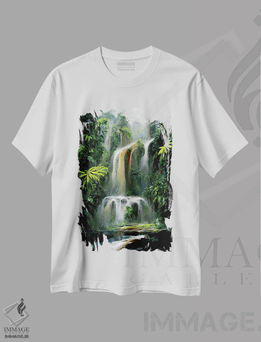 تیشرت سفید طرح دار – تیشرت طبیعت ,آبشار جنگلی اثر مایک کیف فروشگاه ایماژ