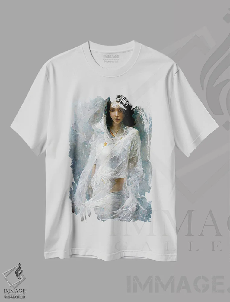 تیشرت سفید طرح دار – تیشرت هنری ,دختری با لباس سفید در حمام اثر مایک کیف immage.ir