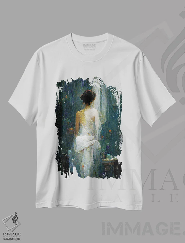 تیشرت سفید طرح دار – تیشرت هنری ,دختری با لباس سفید در حمام اثر مایک کیف فروشگاه ایماژ