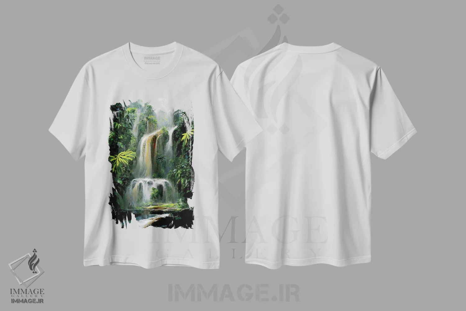 تیشرت سفید طرح دار – تیشرت طبیعت ,آبشار جنگلی اثر مایک کیف فروشگاه ایماژ
