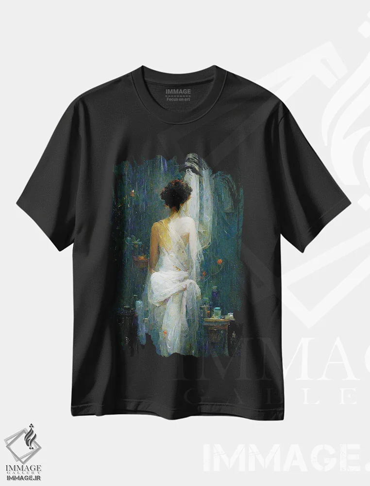 تیشرت مشکی طرح دار – تیشرت هنری ,دختری با لباس سفید در حمام اثر مایک کیف immage.ir