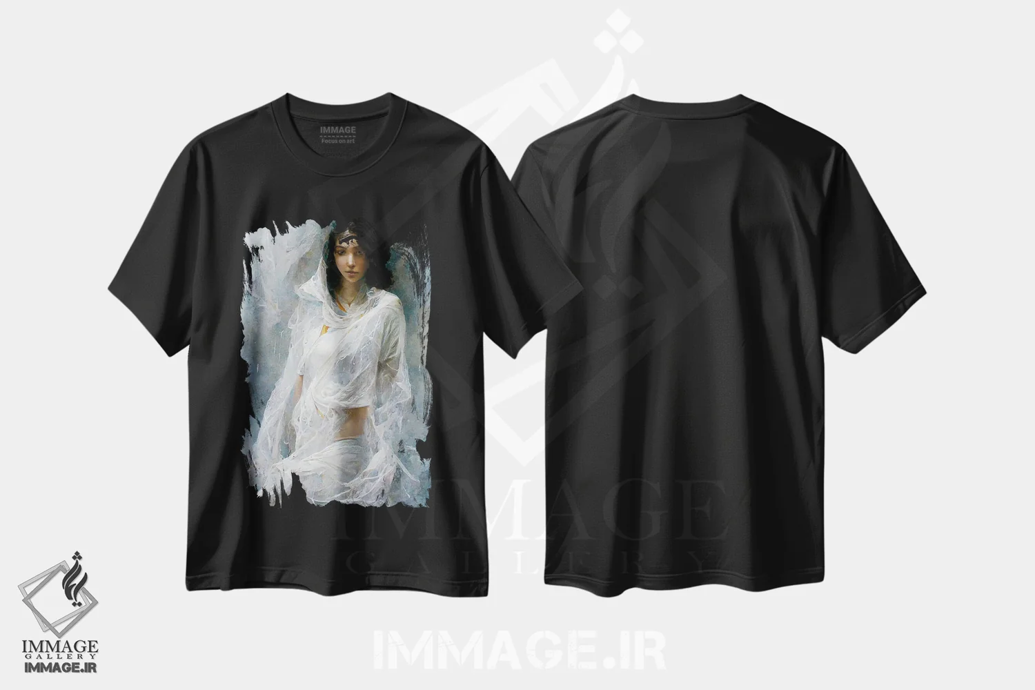 تیشرت مشکی طرح دار – تیشرت هنری ,دختری با لباس سفید در حمام اثر مایک کیف فروشگاه ایماژ