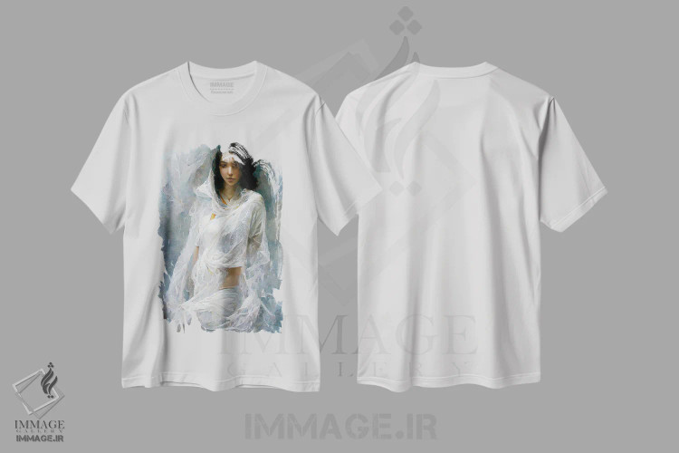 تیشرت سفید طرح دار – تیشرت هنری ,دختری با لباس سفید در حمام اثر مایک کیف immage.ir
