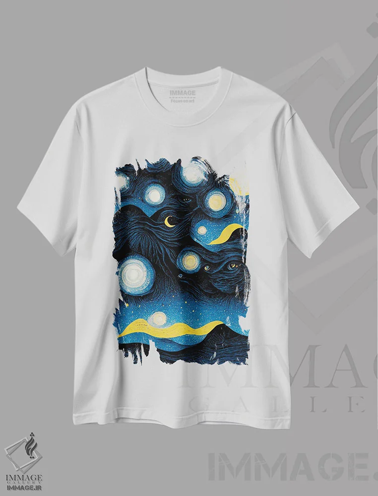 تیشرت سفید طرح دار – تیشرت نجوم ,شب پرستاره اثر مایک کیف فروشگاه ایماژ