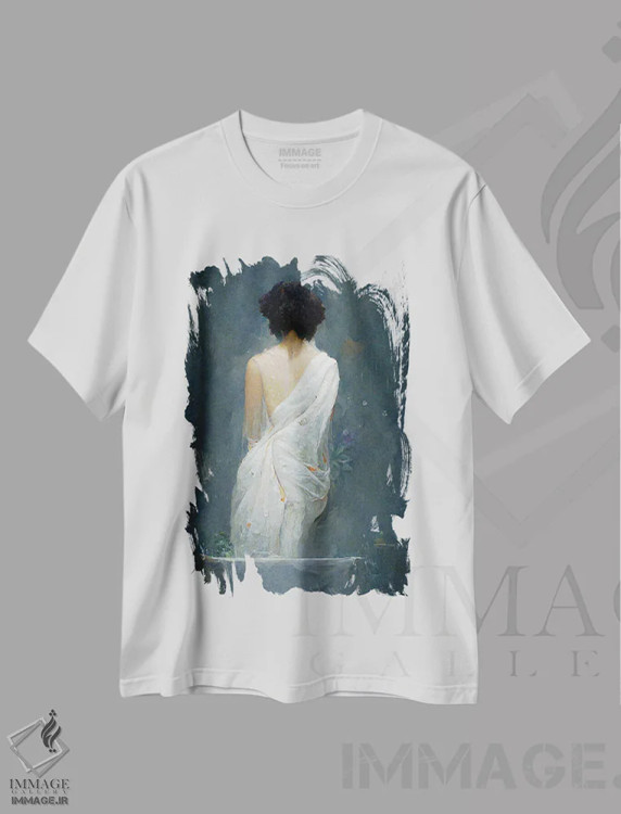 تیشرت سفید طرح دار – تیشرت هنری ,دختری با لباس سفید در حمام اثر مایک کیف immage.ir