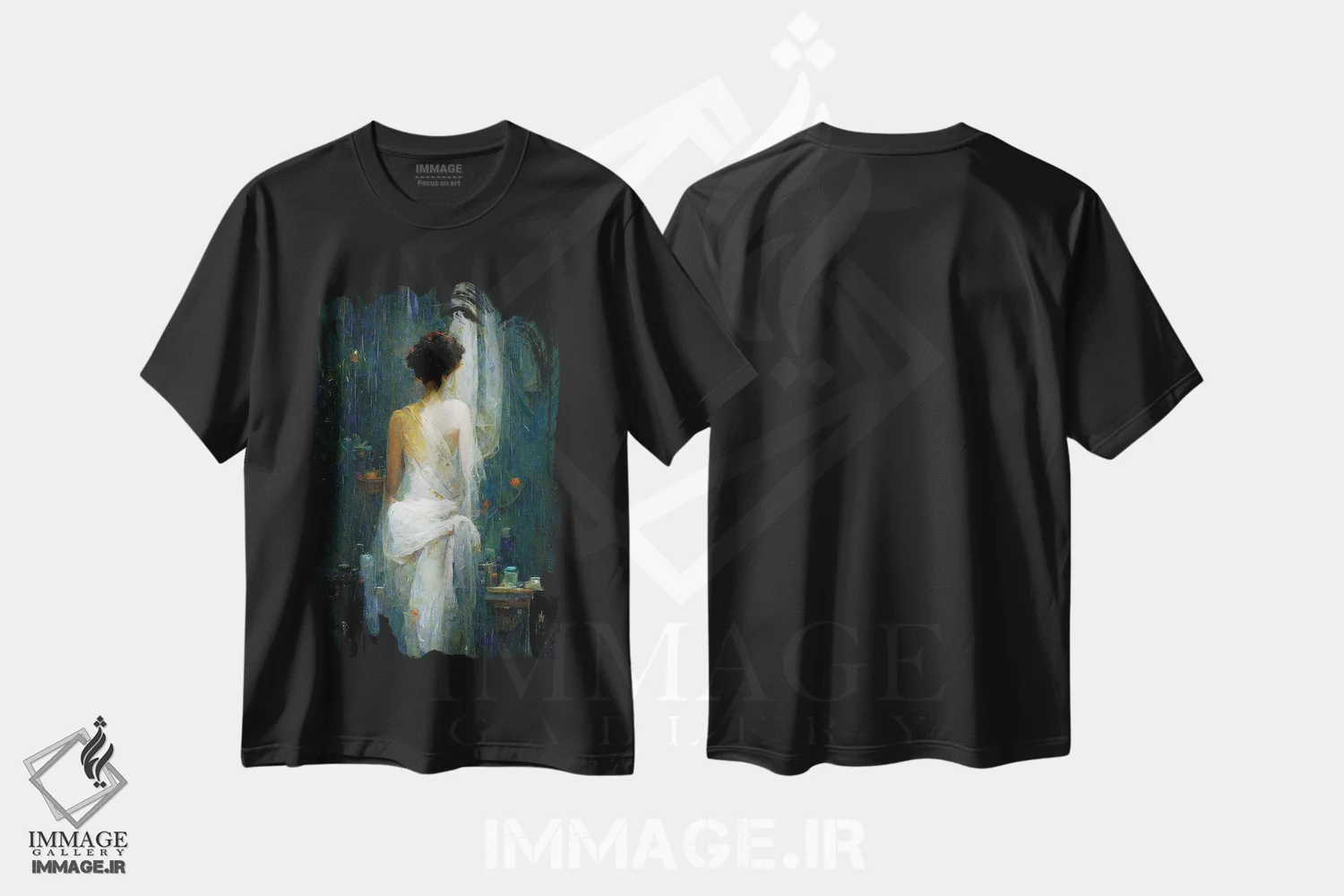 تیشرت مشکی طرح دار – تیشرت هنری ,دختری با لباس سفید در حمام اثر مایک کیف immage.ir