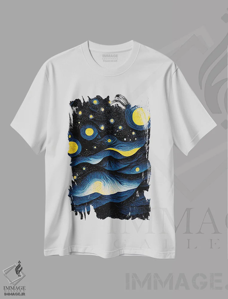 تیشرت سفید طرح دار – تیشرت نجوم ,شب پرستاره اثر مایک کیف فروشگاه ایماژ