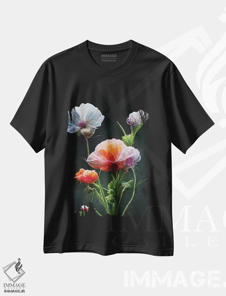 تیشرت مشکی طرح دار – تیشرت گل ,گل شقایق قرمز روی زمینه سیاه اثر مایک کیف immage.ir