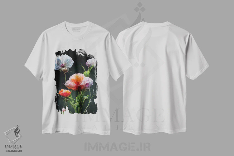 تیشرت سفید طرح دار – تیشرت گل ,گل شقایق قرمز روی زمینه سیاه اثر مایک کیف فروشگاه ایماژ