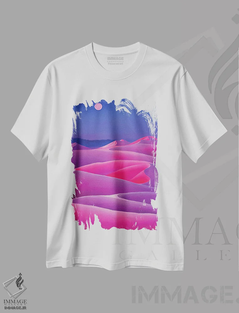 تیشرت سفید طرح دار – تیشرت هنری ,بیابان صورتی اثر مایک کیف immage.ir