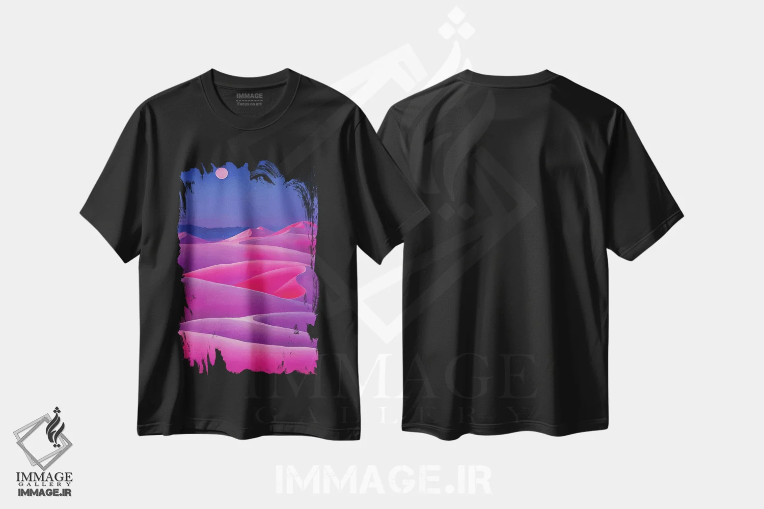 تیشرت مشکی طرح دار – تیشرت هنری ,بیابان صورتی اثر مایک کیف فروشگاه ایماژ