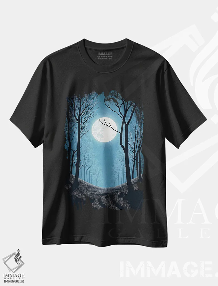 تیشرت مشکی طرح دار – تیشرت فانتزی ,جنگل مهتابی اثر مایک کیف immage.ir