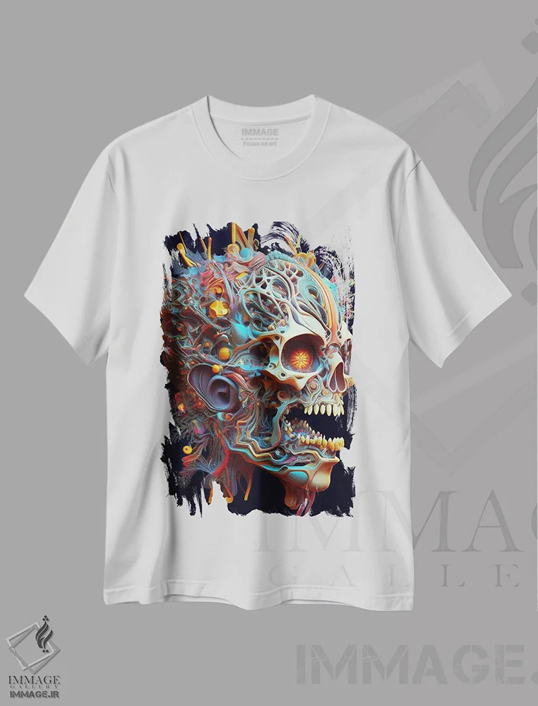 تیشرت سفید طرح دار – تیشرت فانتزی ,پرتره سورئال جمجمه اثر مایک کیف immage.ir