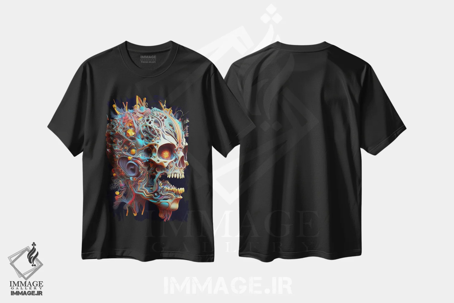 تیشرت مشکی طرح دار – تیشرت فانتزی ,پرتره سورئال جمجمه اثر مایک کیف فروشگاه ایماژ