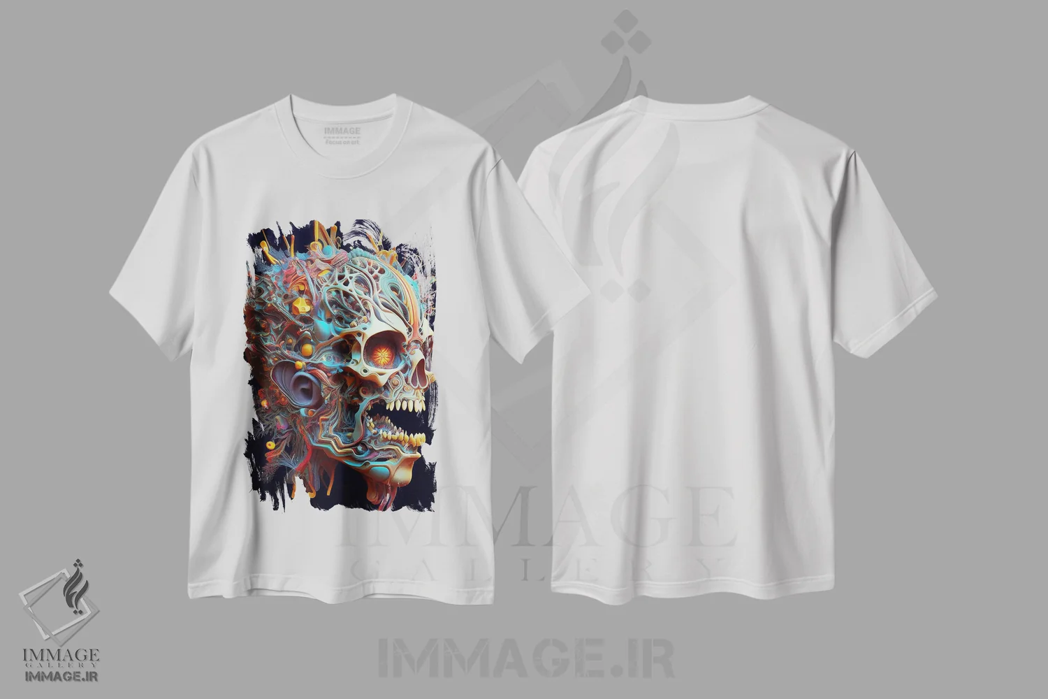 تیشرت سفید طرح دار – تیشرت فانتزی ,پرتره سورئال جمجمه اثر مایک کیف immage.ir