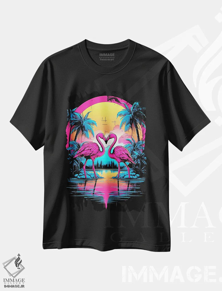 تیشرت مشکی طرح دار – تیشرت طبیعت ,دو فلامینگو هنگام غروب اثر مایک کیف فروشگاه ایماژ