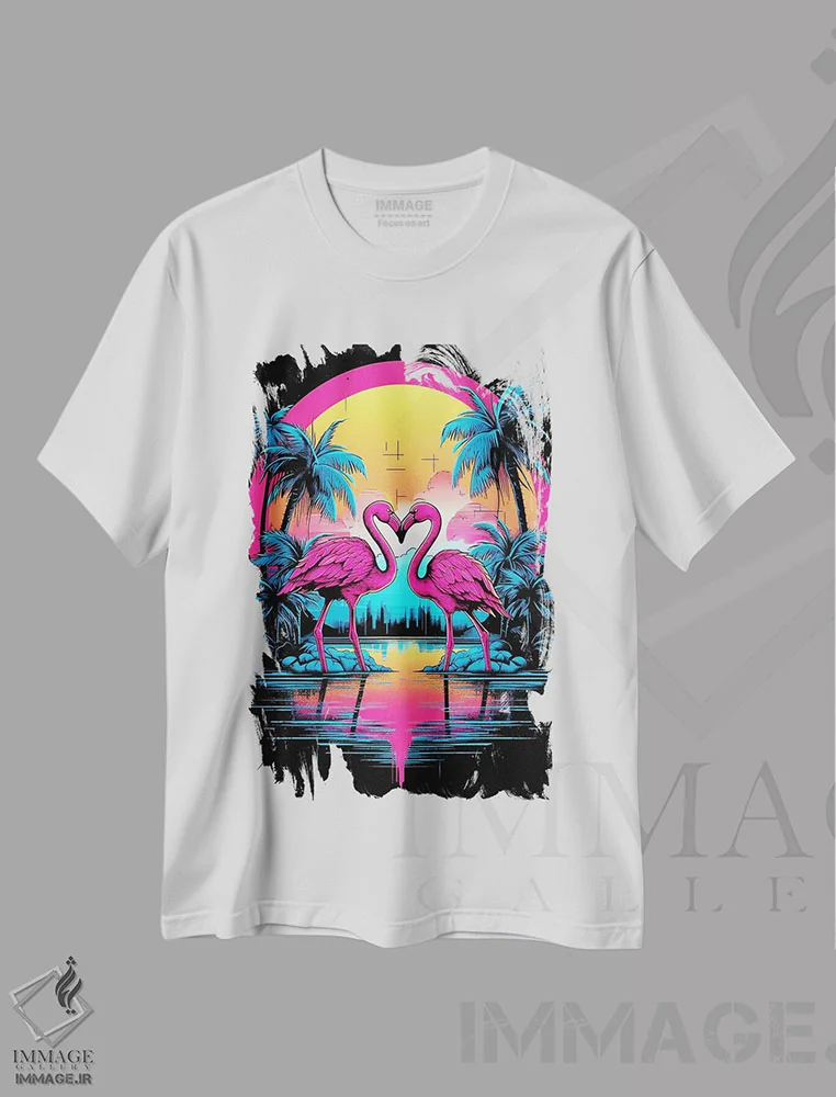 تیشرت سفید طرح دار – تیشرت طبیعت ,دو فلامینگو هنگام غروب اثر مایک کیف immage.ir