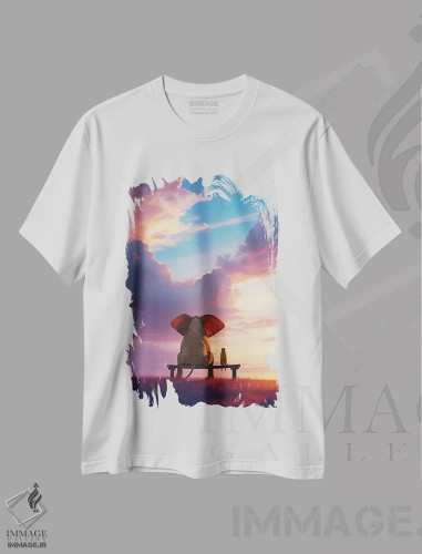 تیشرت سفید طرح دار – تیشرت حیوانات ,فیل و سگ روی نیمکتی نشسته اند و طلوع خورشید را تماشا می کنند اثر مایک کیف فروشگاه ایماژ