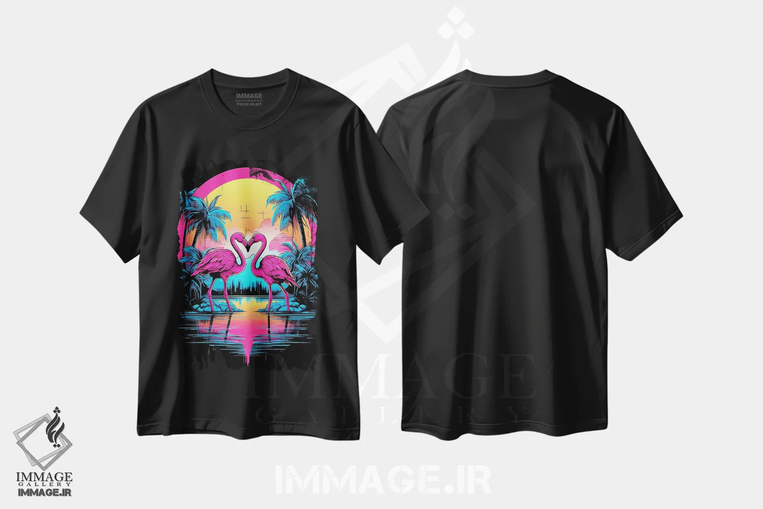 تیشرت مشکی طرح دار – تیشرت طبیعت ,دو فلامینگو هنگام غروب اثر مایک کیف فروشگاه ایماژ