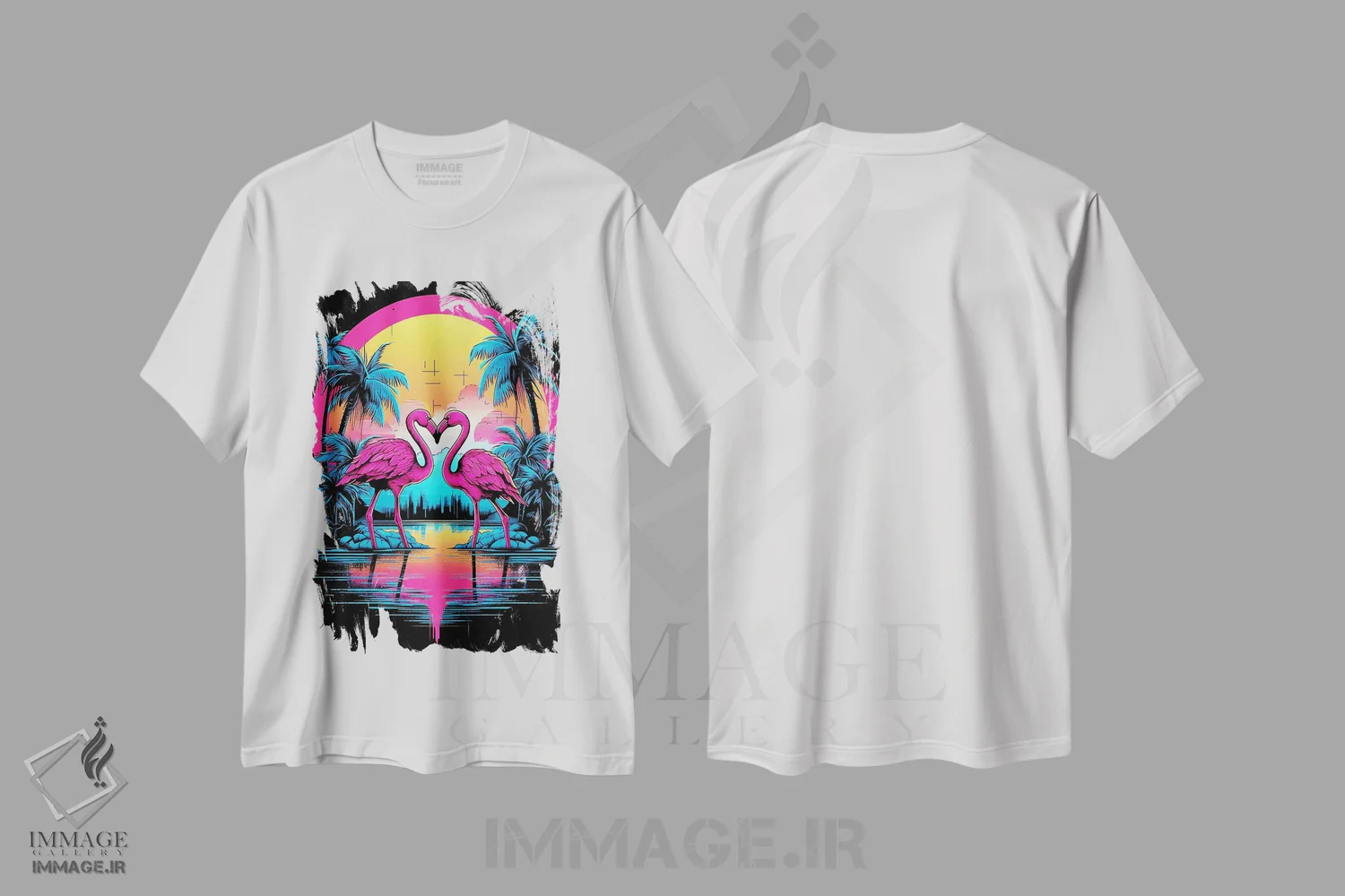 تیشرت سفید طرح دار – تیشرت طبیعت ,دو فلامینگو هنگام غروب اثر مایک کیف immage.ir