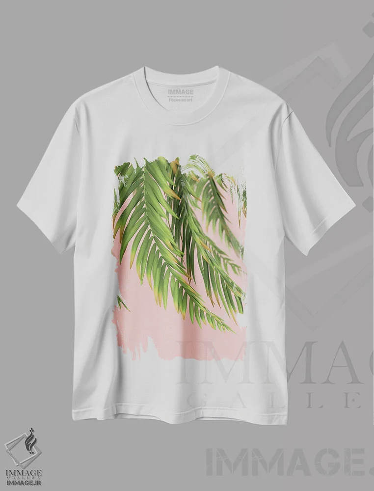 تیشرت سفید طرح دار – تیشرت مینیمال ,شاخه نخل بر پس زمینه هلو اول اثر مایک کیف فروشگاه ایماژ